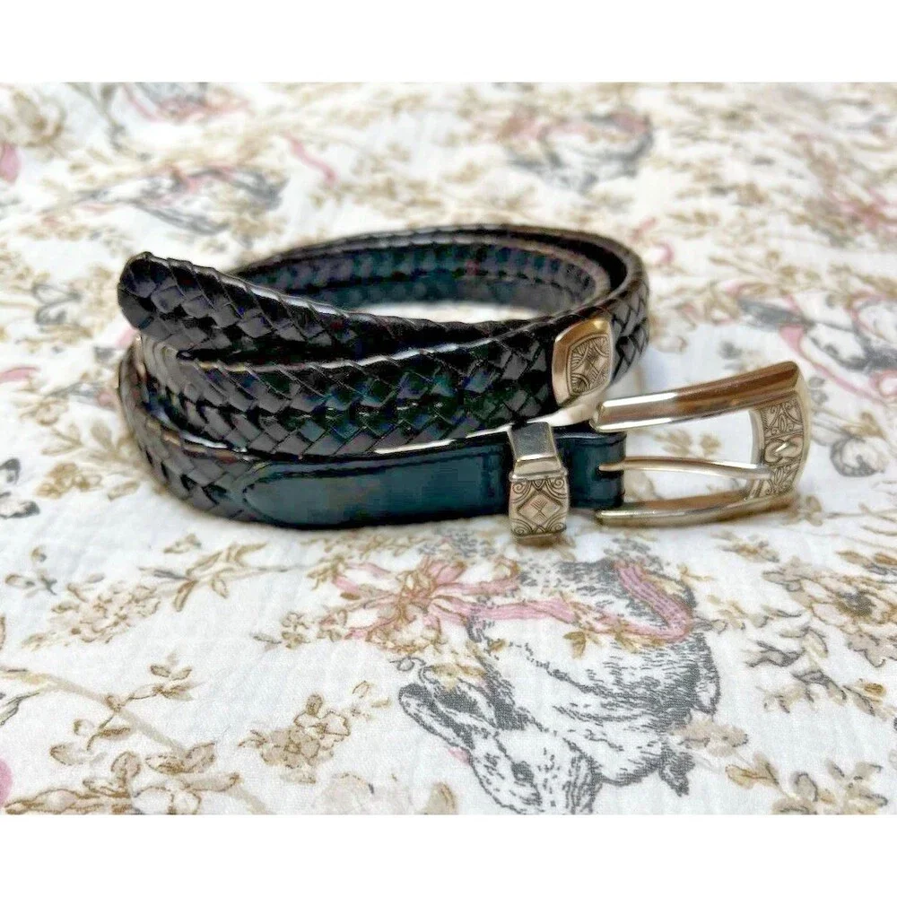 Brighton Size L 34 Brown Leather Braided Belt Silver Accents & Buckle #Q2103